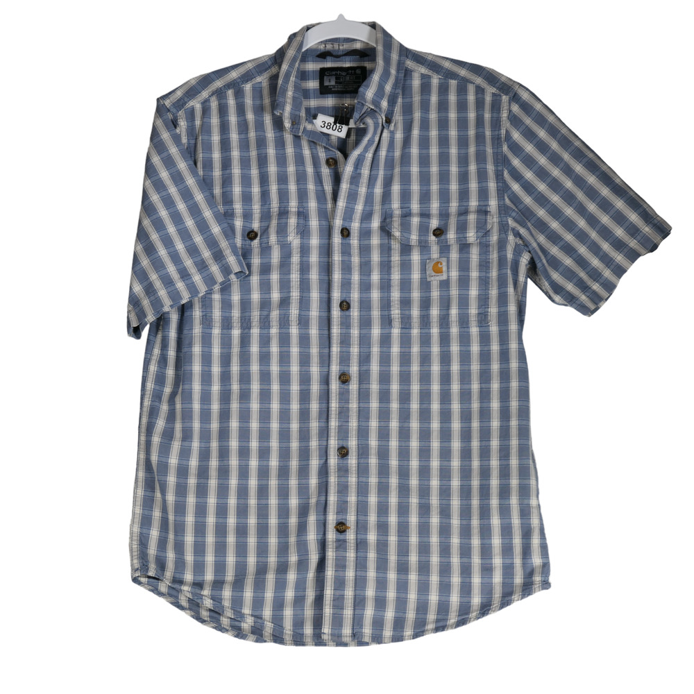 Carhartt Button Down Shirt Men Small Blue Plaid Loose Fit Cotton Flap Pockets